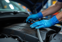 Mains d'un mécanicien utilisant un tuyau pour nettoyer un moteur sale