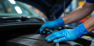 Mains d'un mécanicien utilisant un tuyau pour nettoyer un moteur sale