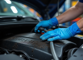 Mains d'un mécanicien utilisant un tuyau pour nettoyer un moteur sale