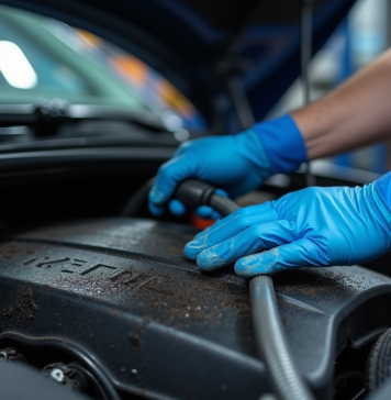 Mains d'un mécanicien utilisant un tuyau pour nettoyer un moteur sale
