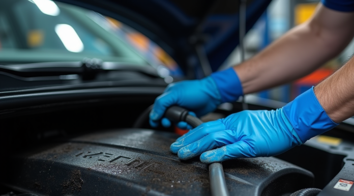 Mains d'un mécanicien utilisant un tuyau pour nettoyer un moteur sale