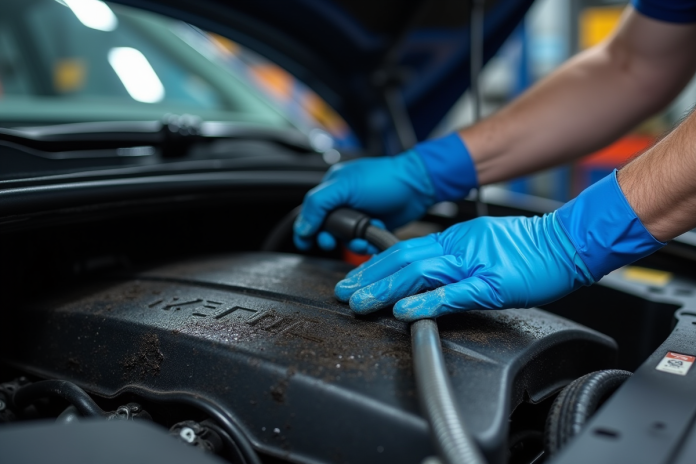 nettoyage-moteur-voiture Mains d'un mécanicien utilisant un tuyau pour nettoyer un moteur sale