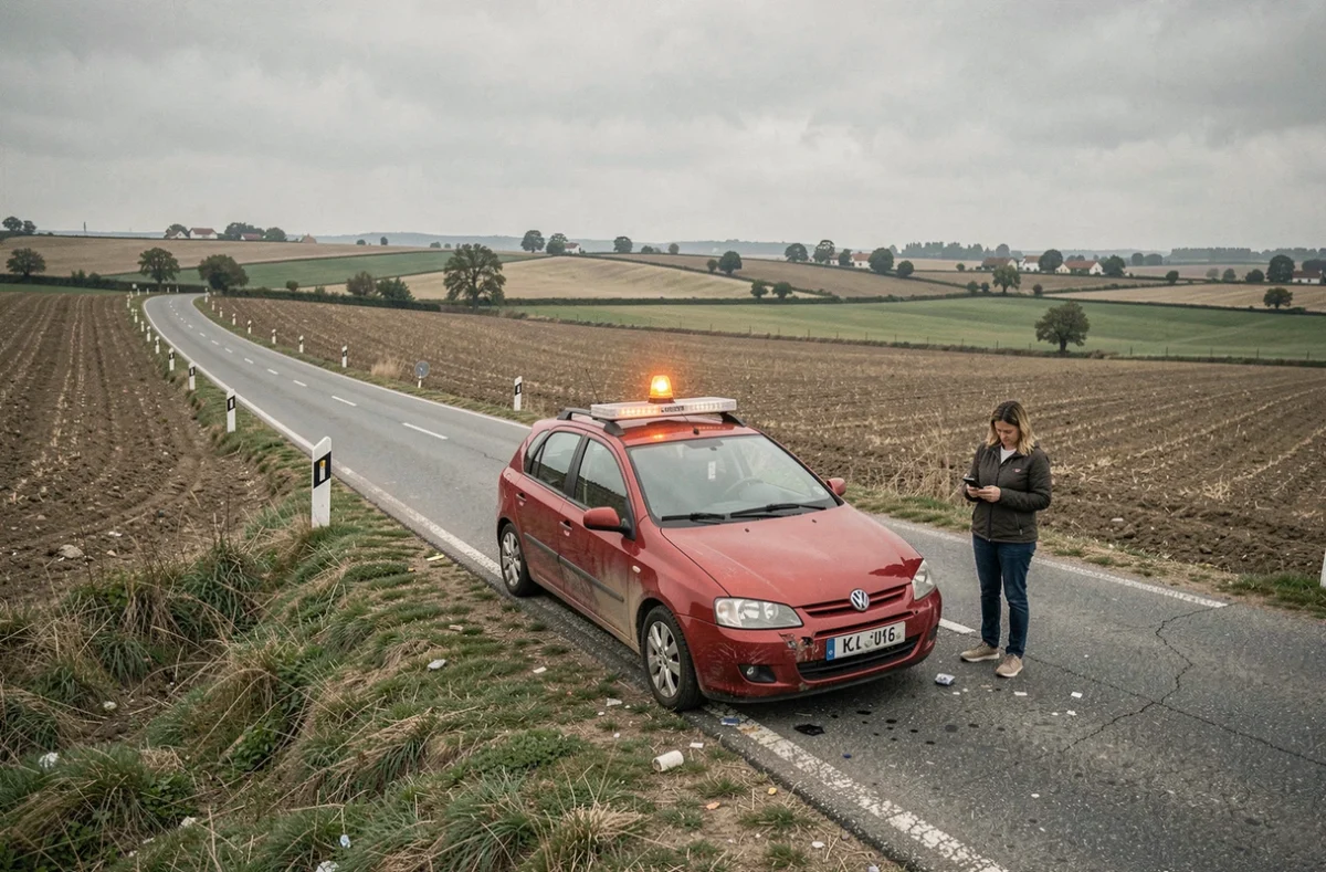 Scène de panne sur route nationale avec balise V16 activée sur le toit d'un véhicule et conductrice en sécurité