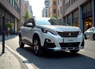 Peugeot 2008 Hybrid 2025 en ville lumineuse