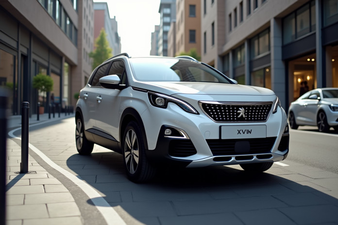 Peugeot 2008 Hybrid 2025 en ville lumineuse