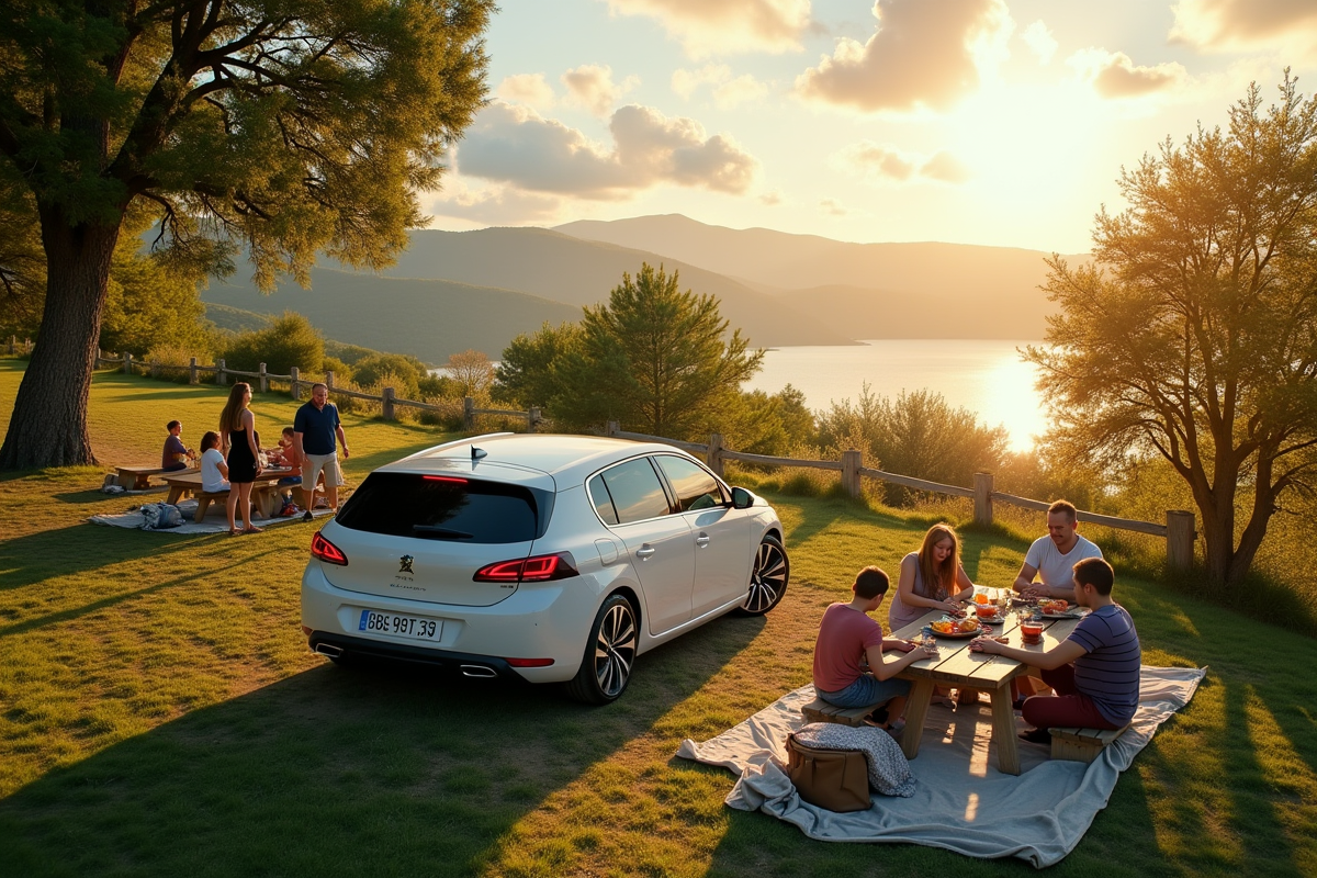 Vue aérienne de la Peugeot 308 GT au pique-nique en famille