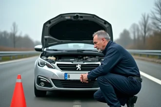 Mécanicien inspectant le moteur d'une Peugeot 308 sur la bande d'arrêt d'urgence de l'autoroute avec triangle de signalisation