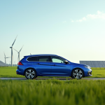 Peugeot 308 SW verte dans un champ avec éoliennes et panneaux solaires