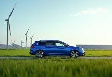 Peugeot 308 SW verte dans un champ avec éoliennes et panneaux solaires