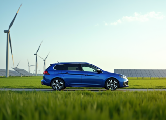 Peugeot 308 SW verte dans un champ avec éoliennes et panneaux solaires