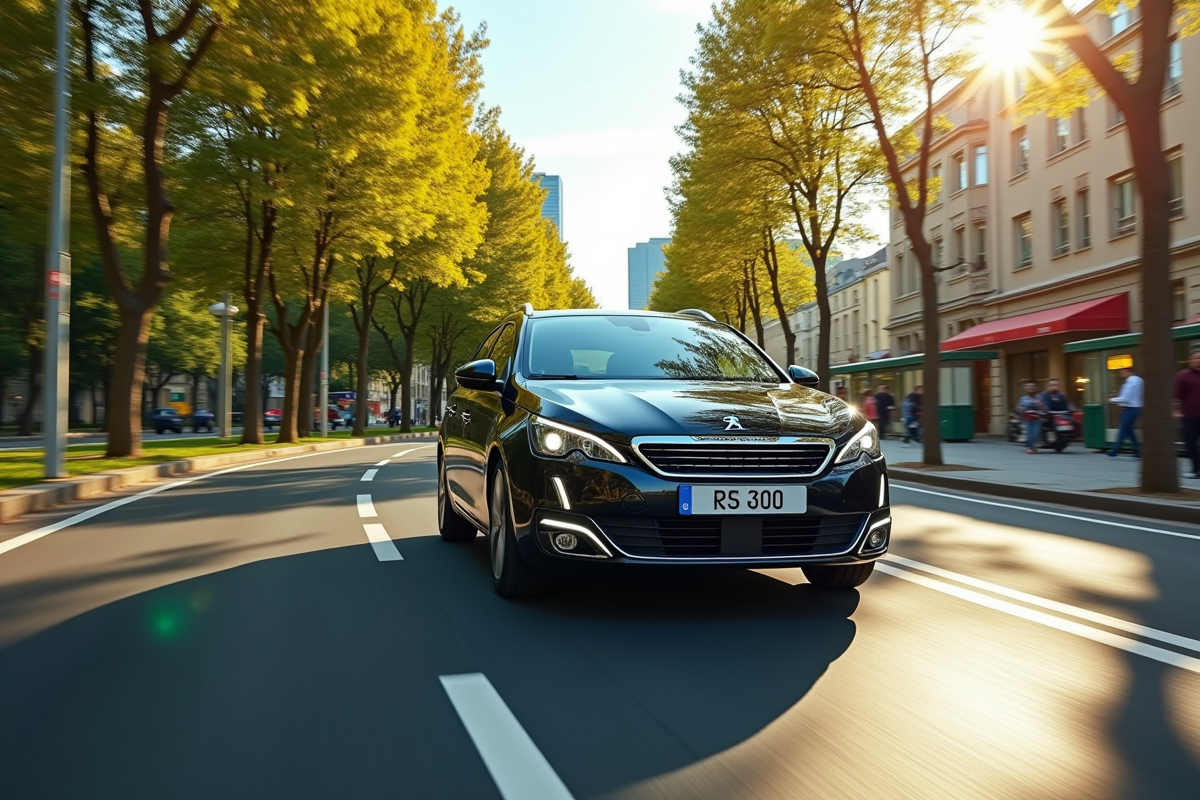 Peugeot 308 SW en ville avec reflet de la skyline et transports verts