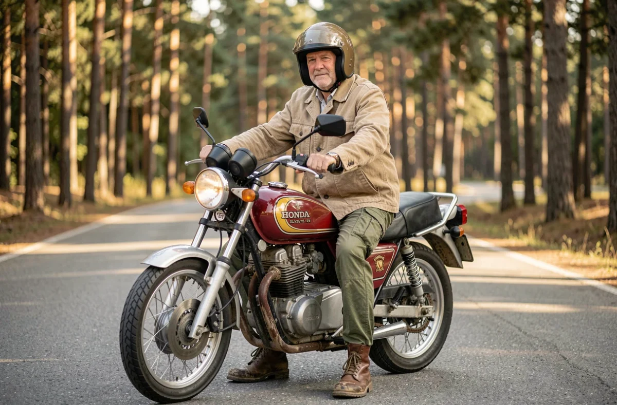 Motard expérimenté sur une Honda XLV750R sur route forestière, veste textile vintage et casque rétro, vue trois quarts avant