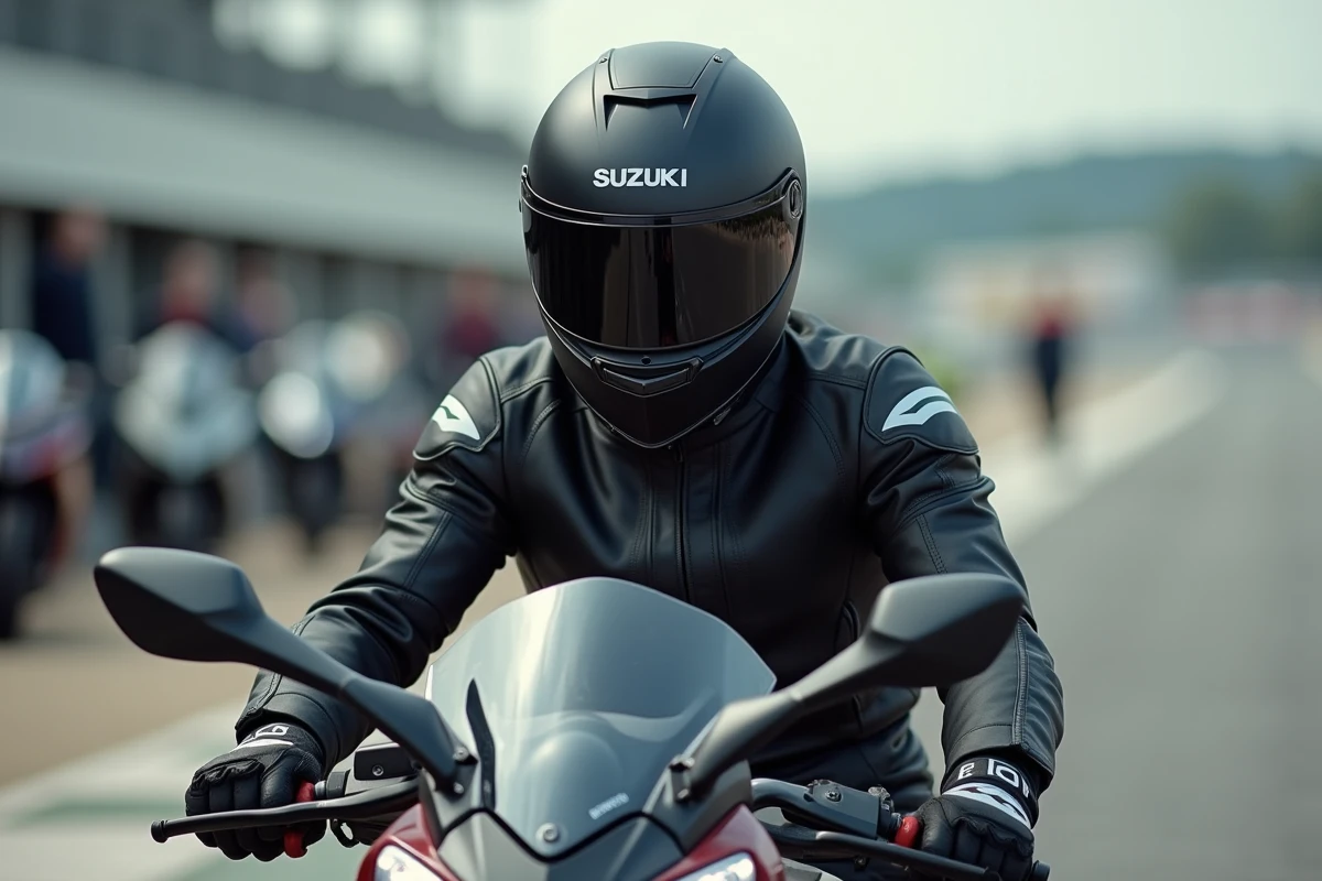 Pilote en équipement de protection complet assis sur une Suzuki GSX-S 125 dans la voie des stands d'un circuit moto lors d'une journée de roulage