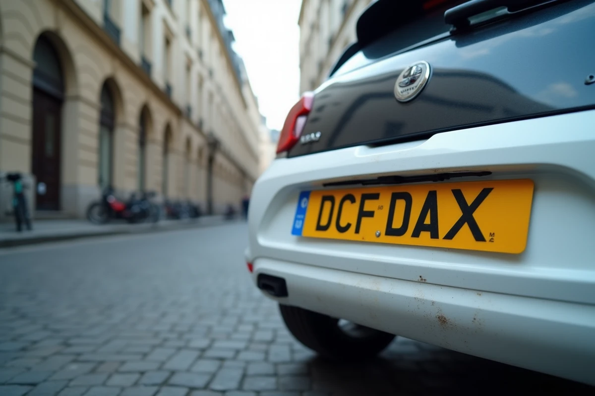 Plaque d'immatriculation européenne en gros plan sur une voiture blanche garée dans une rue française
