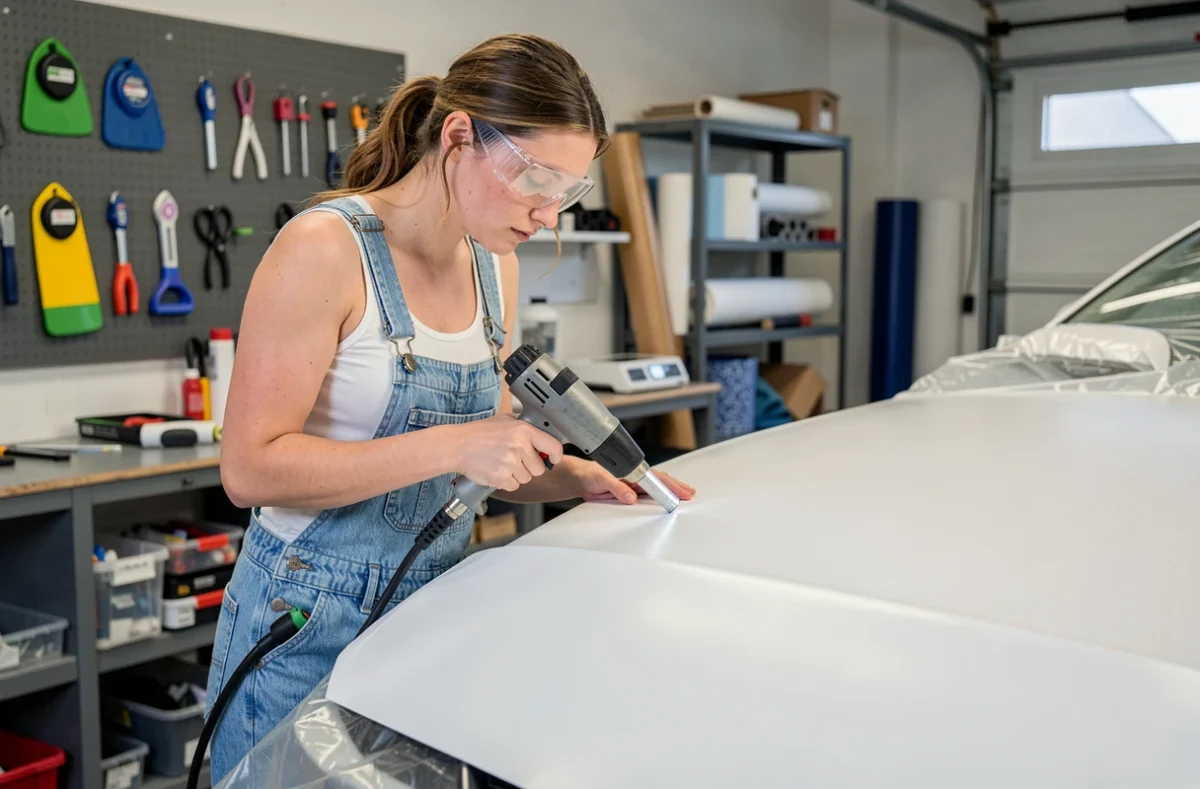 Jeune femme utilisant un décapeur thermique pour poser un covering blanc sur le toit d'un véhicule en garage