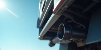 Fumée légère sortant d'un pot diesel contre un ciel bleu
