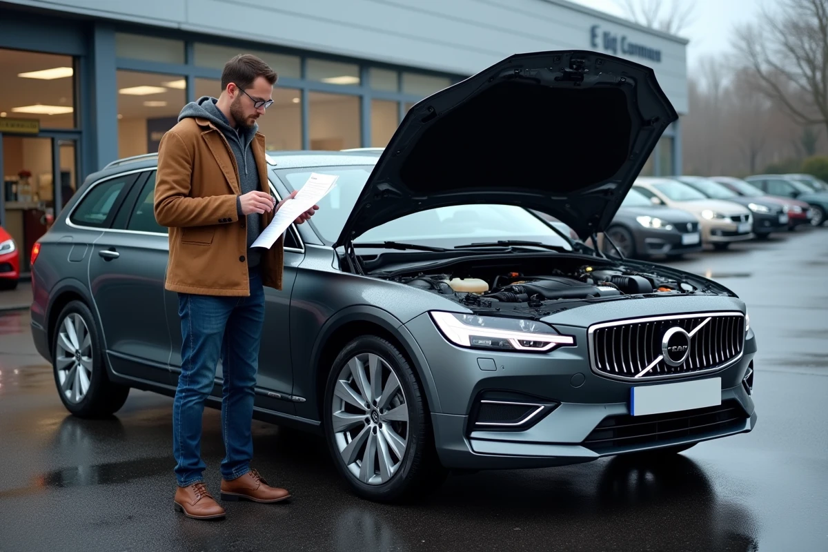 Propriétaire de voiture diesel examinant un rapport de diagnostic moteur TDI devant un concessionnaire