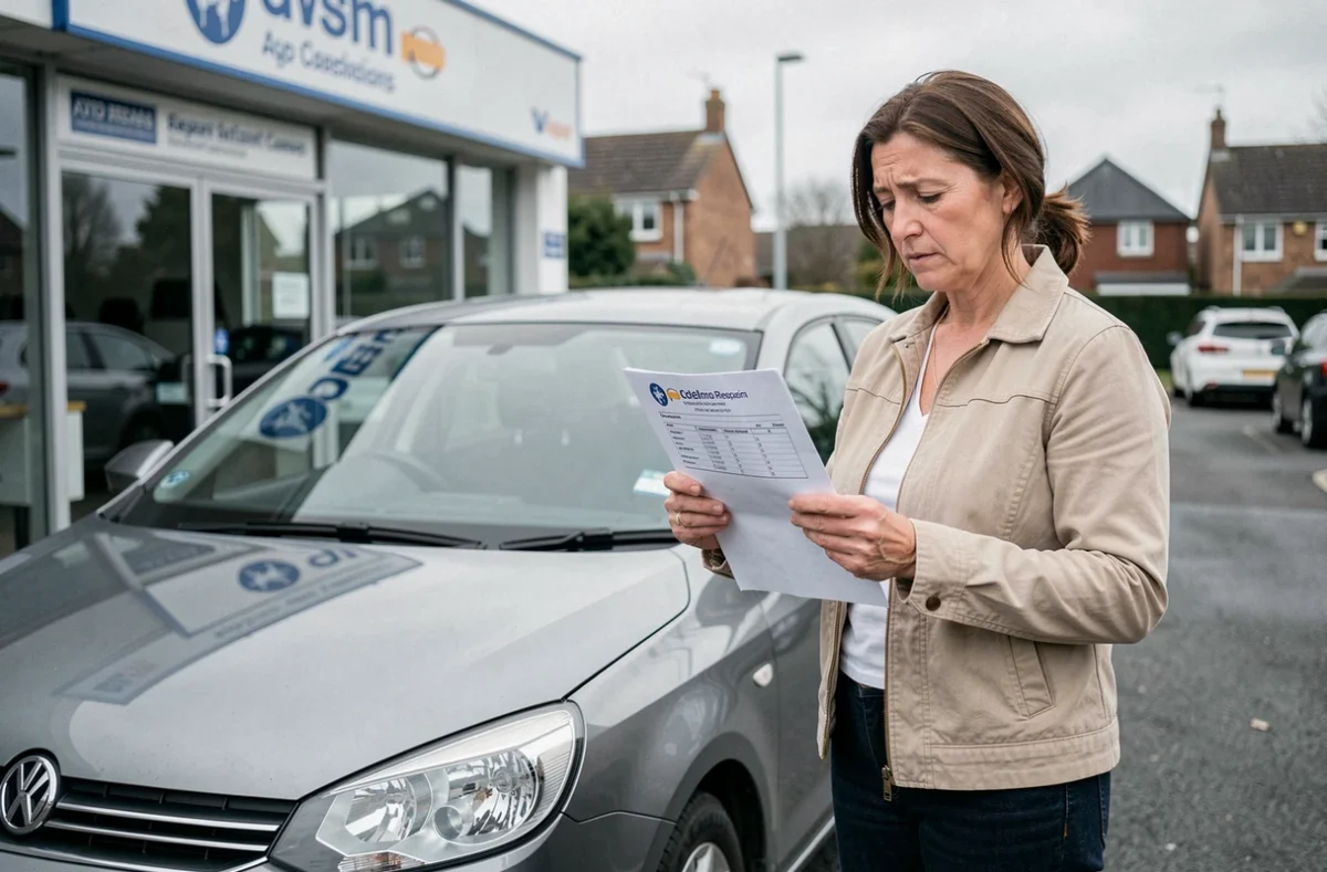 Propriétaire de voiture diesel examinant une facture de réparation devant un centre auto