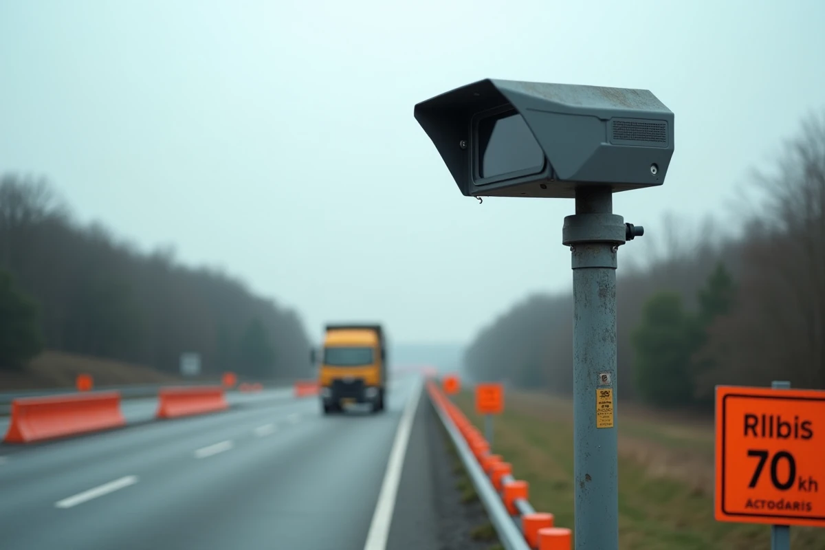 Radar de contrôle de vitesse fixe installé dans une zone de travaux sur autoroute française