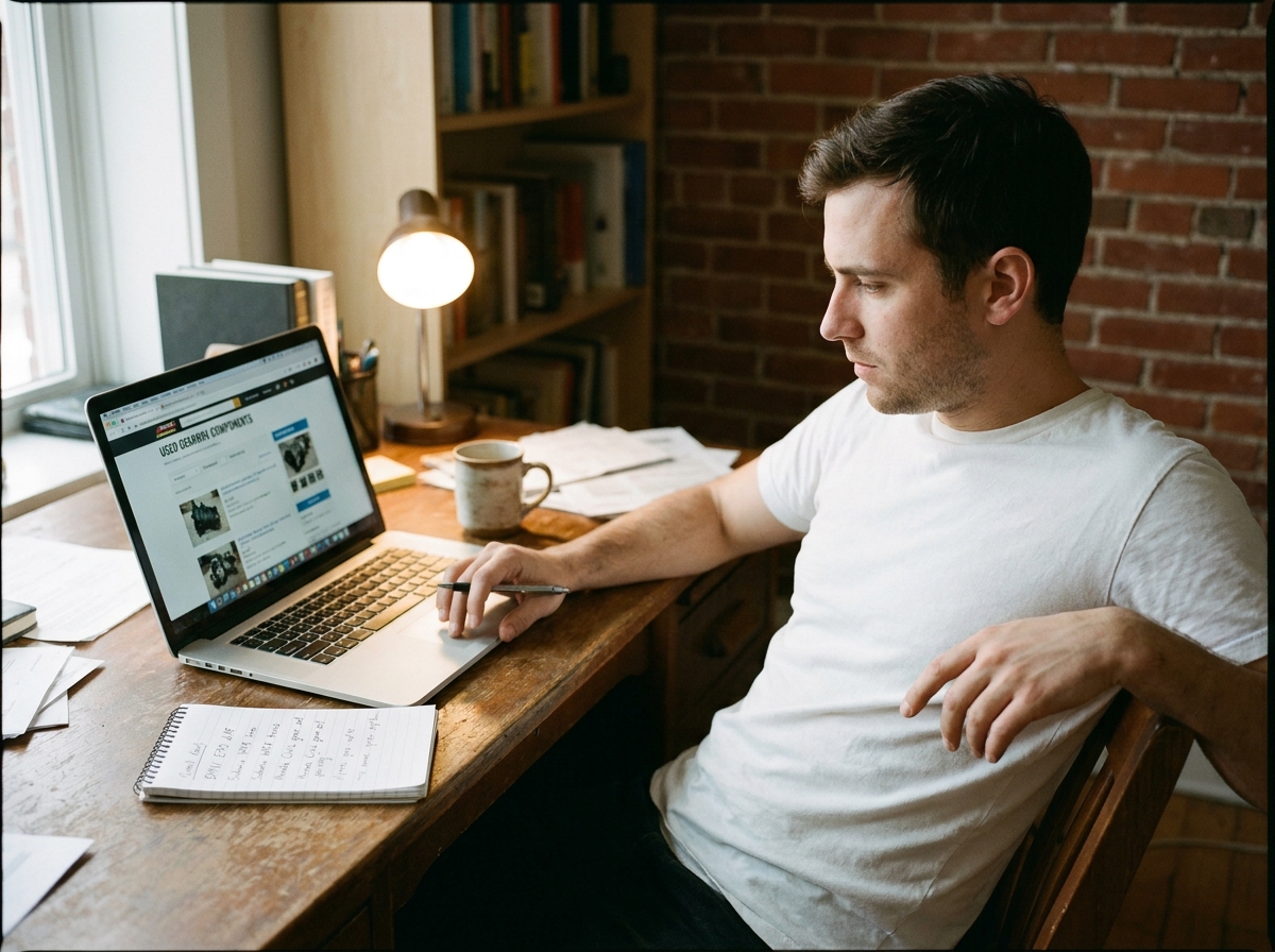 Homme recherchant des pièces détachées auto pas chères sur internet depuis son bureau à domicile