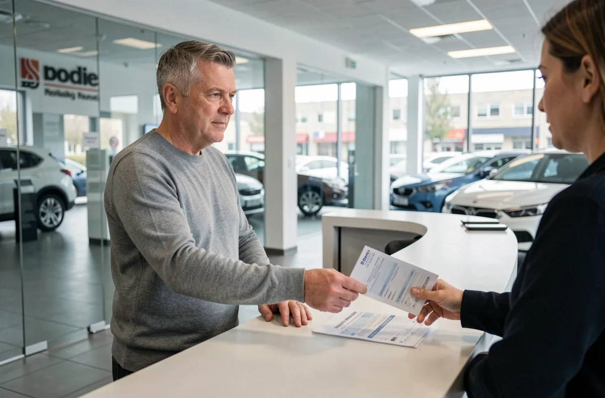 Homme remettant des documents de carte grise à un conseiller de concession automobile pour un leasing