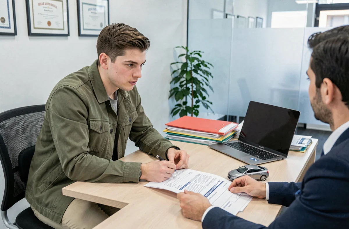 Jeune conducteur en rendez-vous avec un conseiller en assurance auto pour un véhicule de 7 CV
