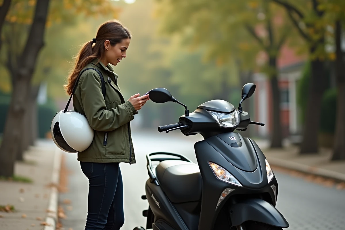 Femme consultant une offre de reprise pour son ancien scooter Honda 125