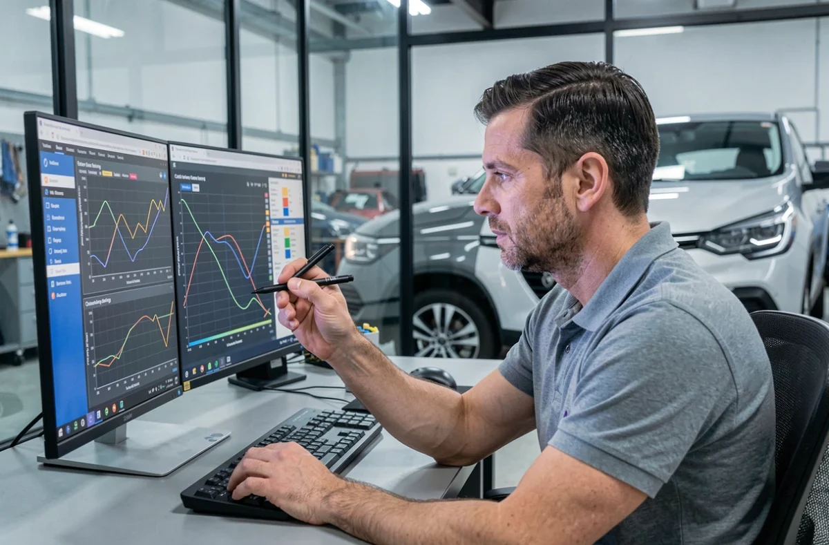 Ingénieur automobile réalisant la reprogrammation de l'ECU d'un moteur TCe Renault sur logiciel de cartographie