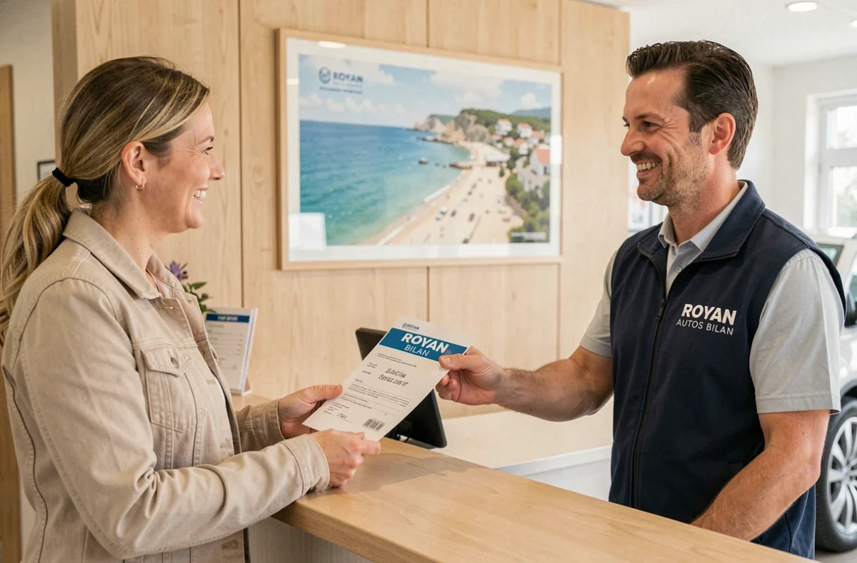Cliente de Royan Autos Bilan recevant son certificat de contrôle technique au comptoir d'accueil