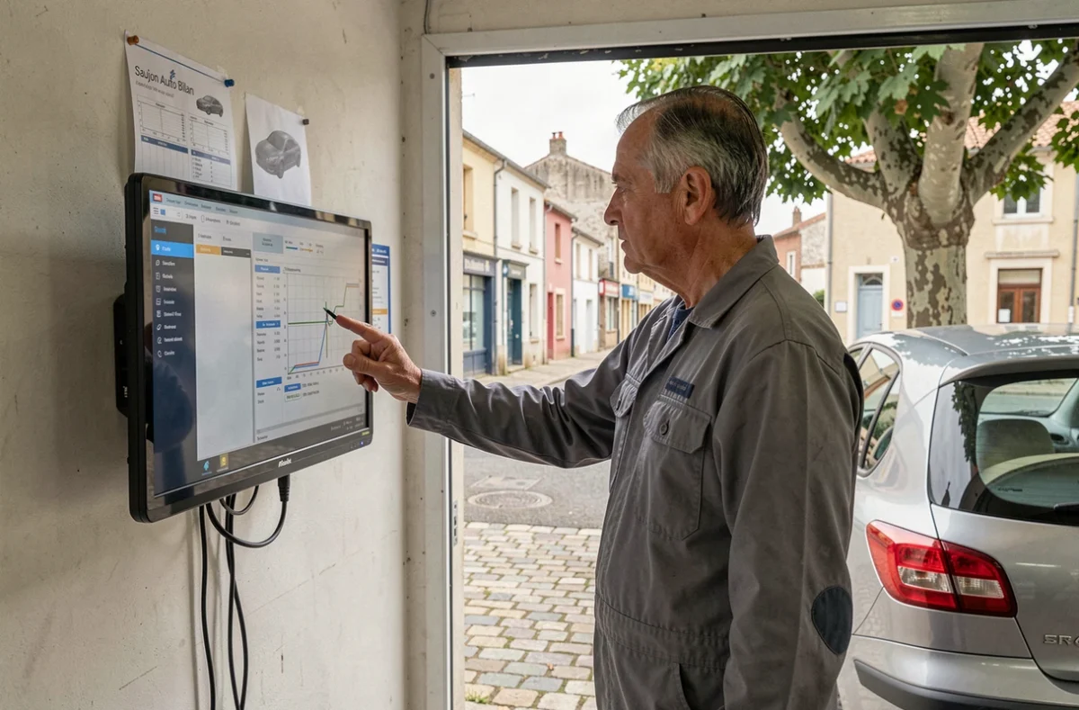 Technicien de Saujon Auto Bilan consultant un rapport de diagnostic véhicule sur écran mural