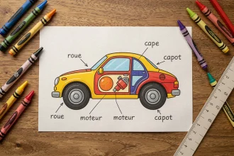 Schéma éducatif des parties d'une voiture jouet posé sur un bureau en bois avec des crayons et des étiquettes en français
