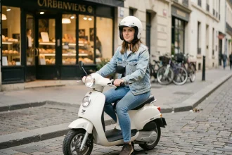 Jeune femme en casque blanc sur un scooter 50 cm3 dans une rue pavée française