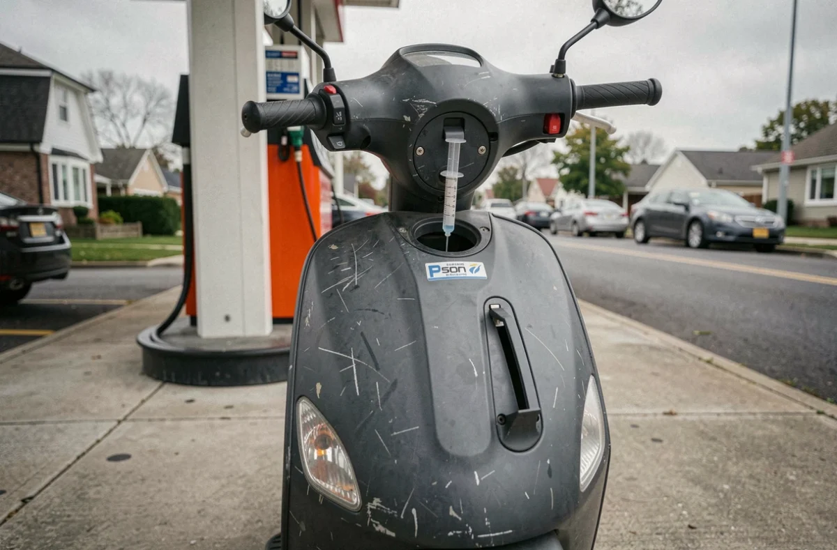 Scooter 50cc avec bouchon de réservoir ouvert pour dosage du mélange huile essence