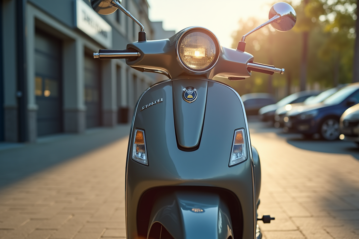 Scooter garé devant l école de conduite sous le soleil