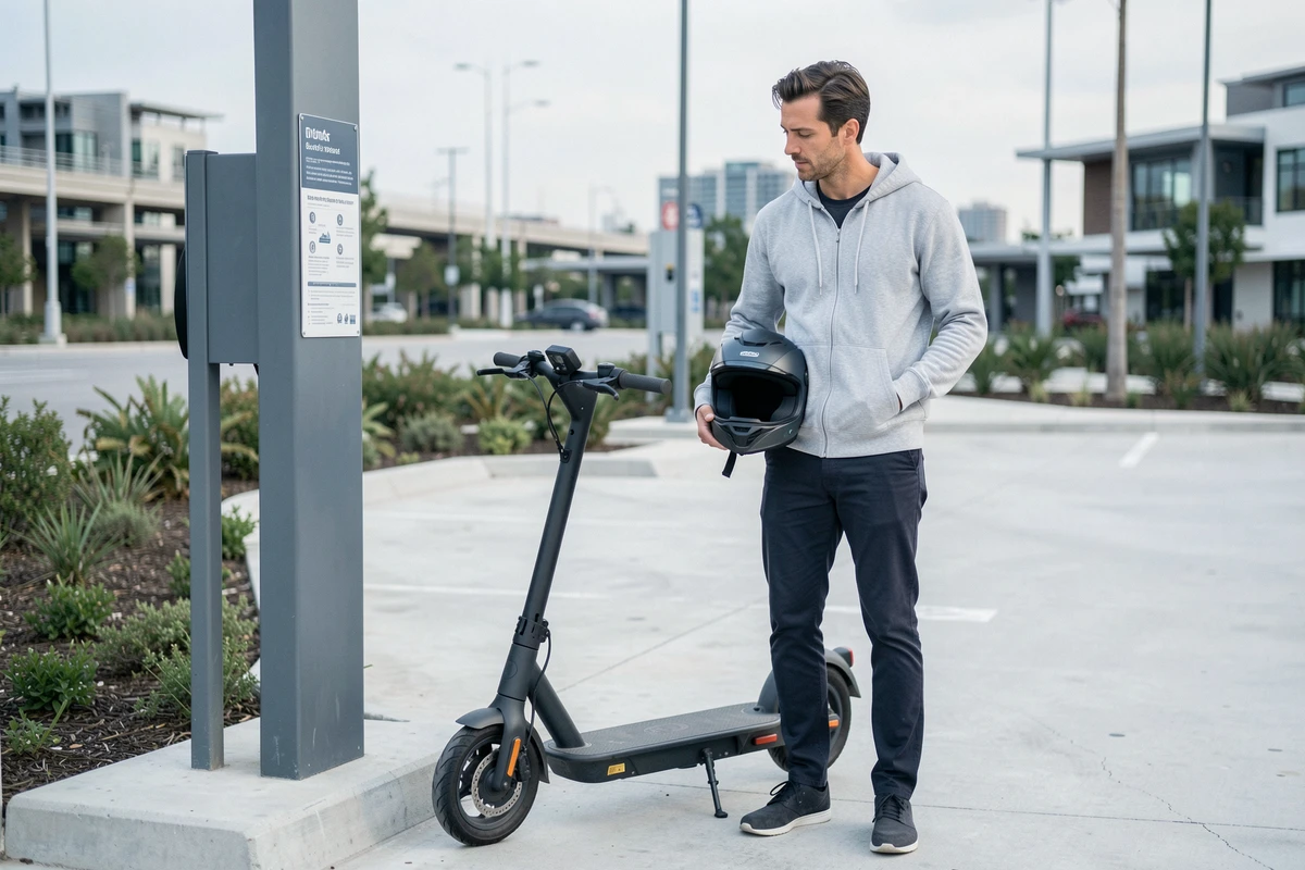 Homme examinant les informations d'une borne de recharge pour scooter électrique en zone urbaine