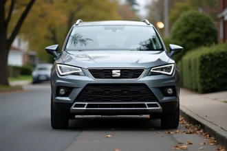 Seat Ateca d'occasion grise en vue trois quarts avant dans un quartier résidentiel