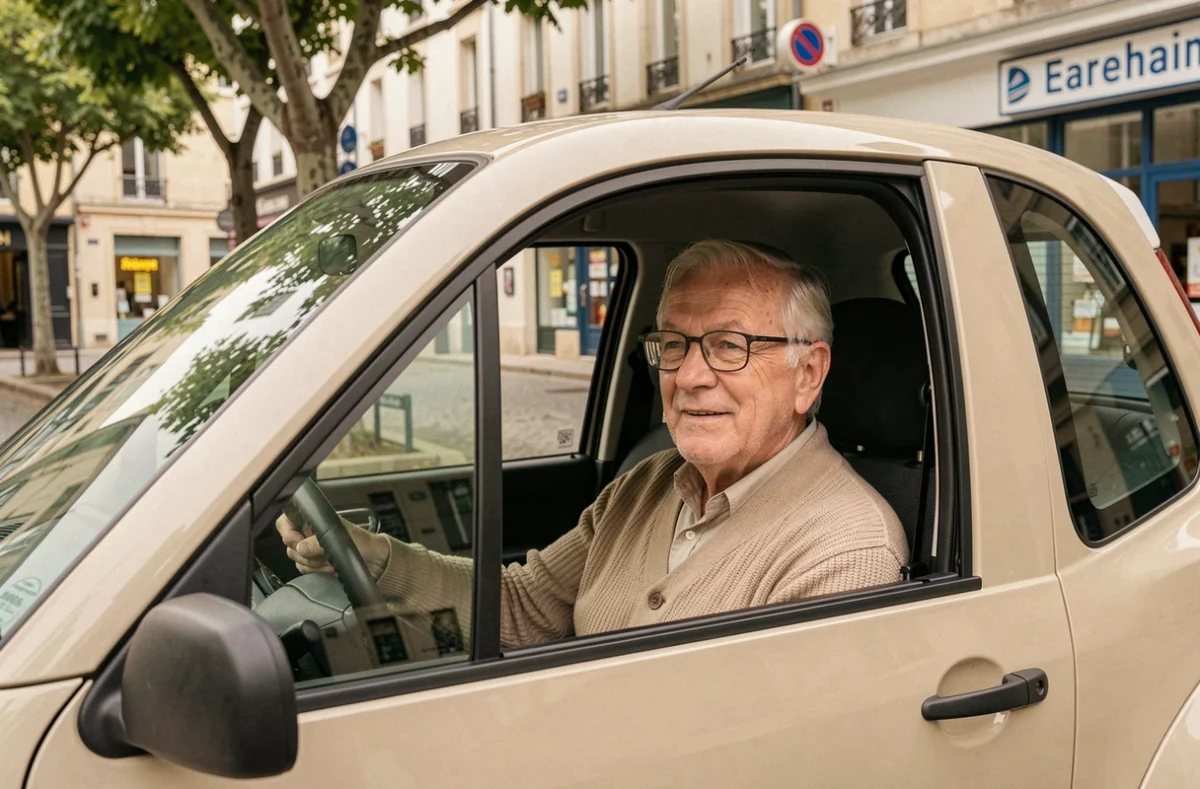 Senior autonome au volant d'une voiturette sans permis devant une pharmacie en France