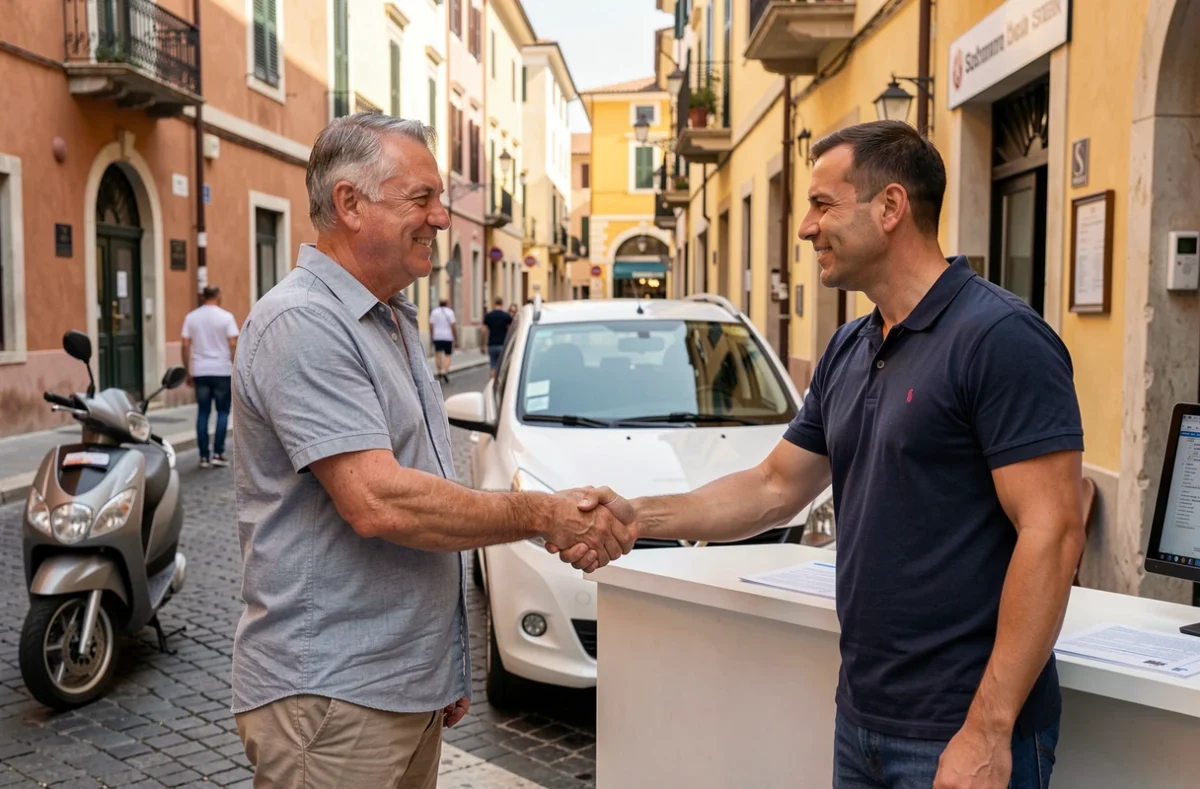 Homme signant un contrat de location de voiture sans permis avec un agent dans une rue de Nice