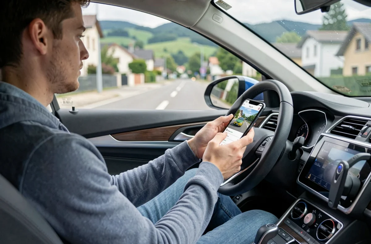 Élève utilisant l'application Stych sur smartphone pour une leçon de conduite en Auvergne-Rhône-Alpes