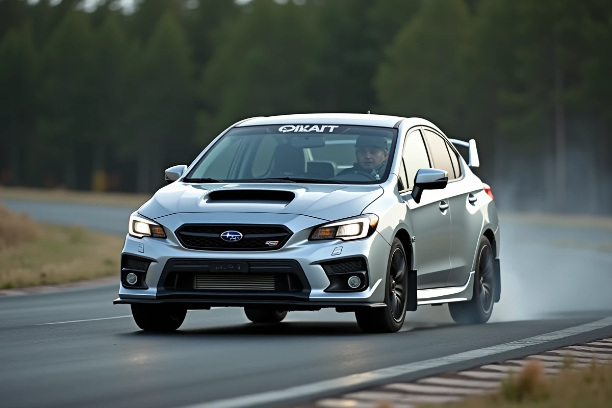 Subaru Impreza STI en pleine action sur circuit routier fermé avec pilote en équipement motorsport