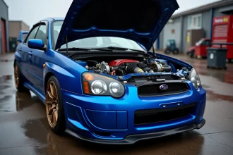 Subaru Impreza WRX capot ouvert dans un atelier de préparation automobile avec admission et intercooler aftermarket visibles