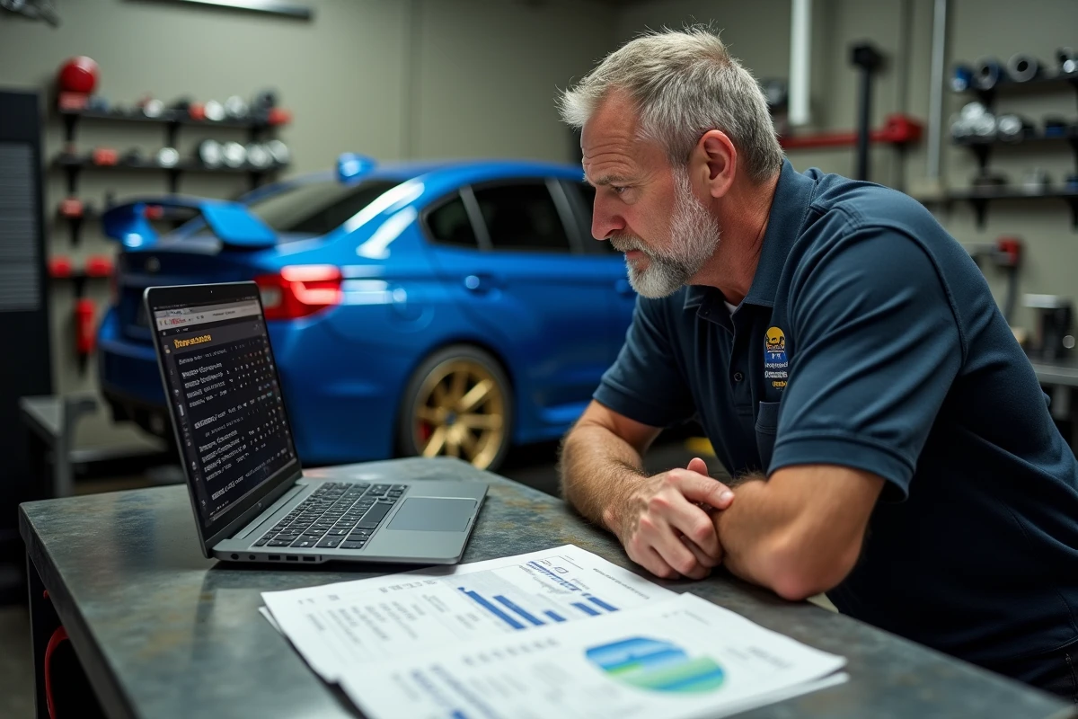 Technicien en préparation automobile analysant les courbes de puissance d'un Subaru STI sur banc de cartographie