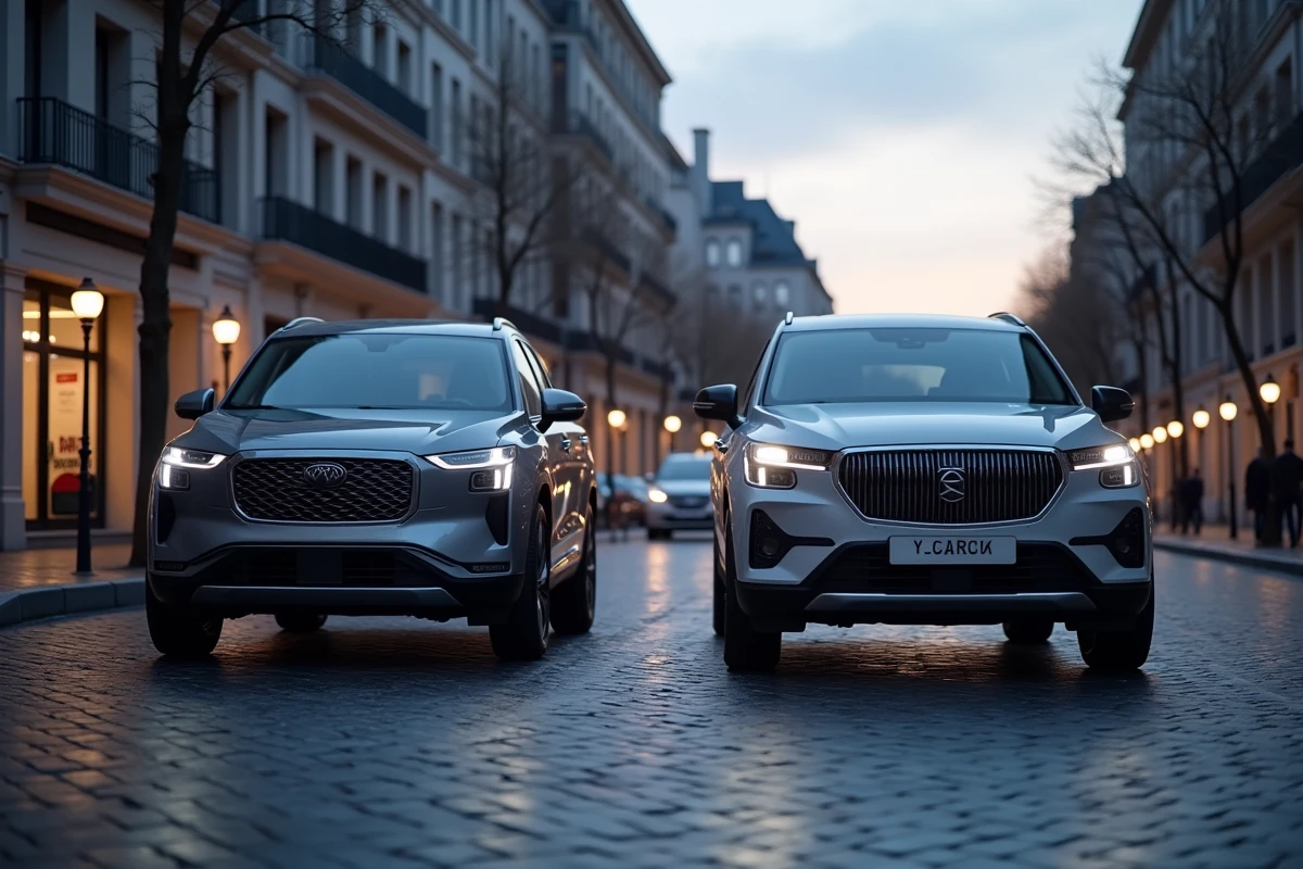 Deux SUV modernes face à face dans une rue urbaine, l'un de marque chinoise et l'autre européenne, comparaison 2026