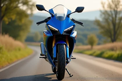 Suzuki GSX-S 125 garé sur une route de campagne française, vue trois quarts avant mettant en valeur le carénage agressif et la peinture bleue métallique