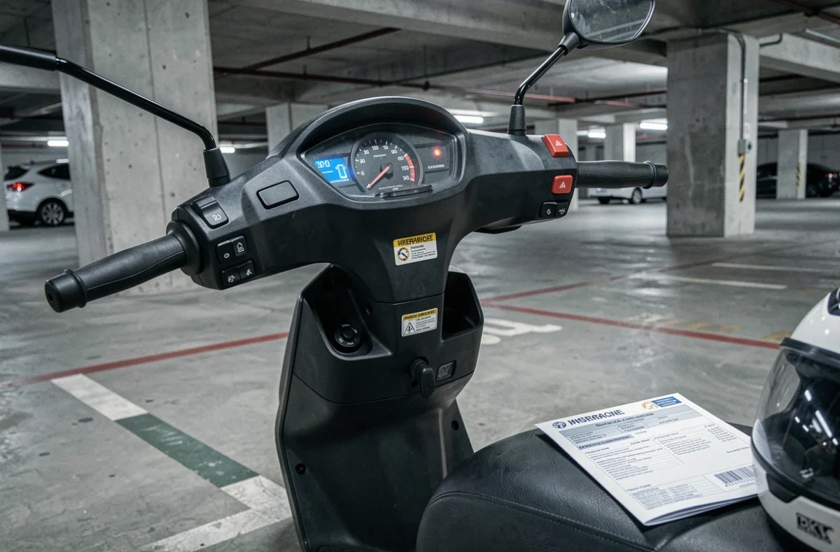 Tableau de bord d'un scooter électrique 50cc avec une attestation d'assurance posée sur la selle dans un parking souterrain