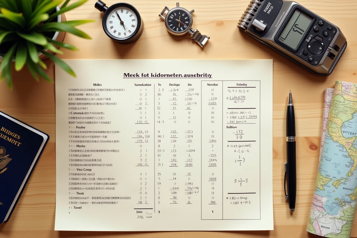 Vue aérienne d'un tableau de conversion miles kilomètres posé sur une table avec carnet de notes et passeport pour la planification d'un voyage