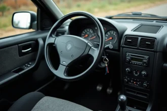 Tableau de bord d'origine d'une Renault Clio II vu depuis le siège conducteur, avec compteurs classiques et garnitures plastique noires
