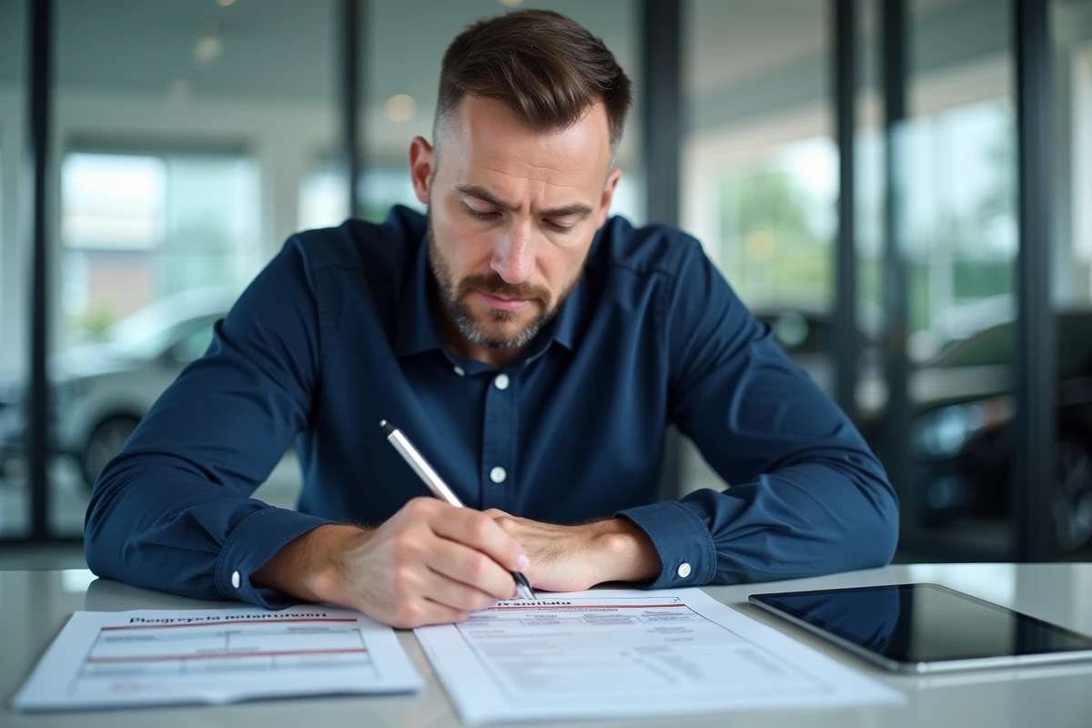 Professionnel de l'automobile vérifiant le montant de la taxe régionale sur une carte grise dans une concession