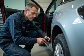 Technicien automobile branchant une valise OBD2 sur le port OBD d'une Peugeot 308 dans un garage