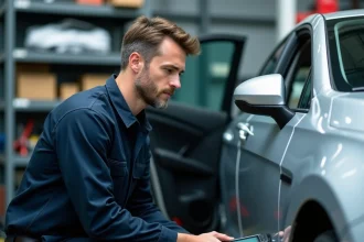 Technicien automobile connectant un scanner OBD2 au port de diagnostic d'une voiture moderne dans un garage professionnel